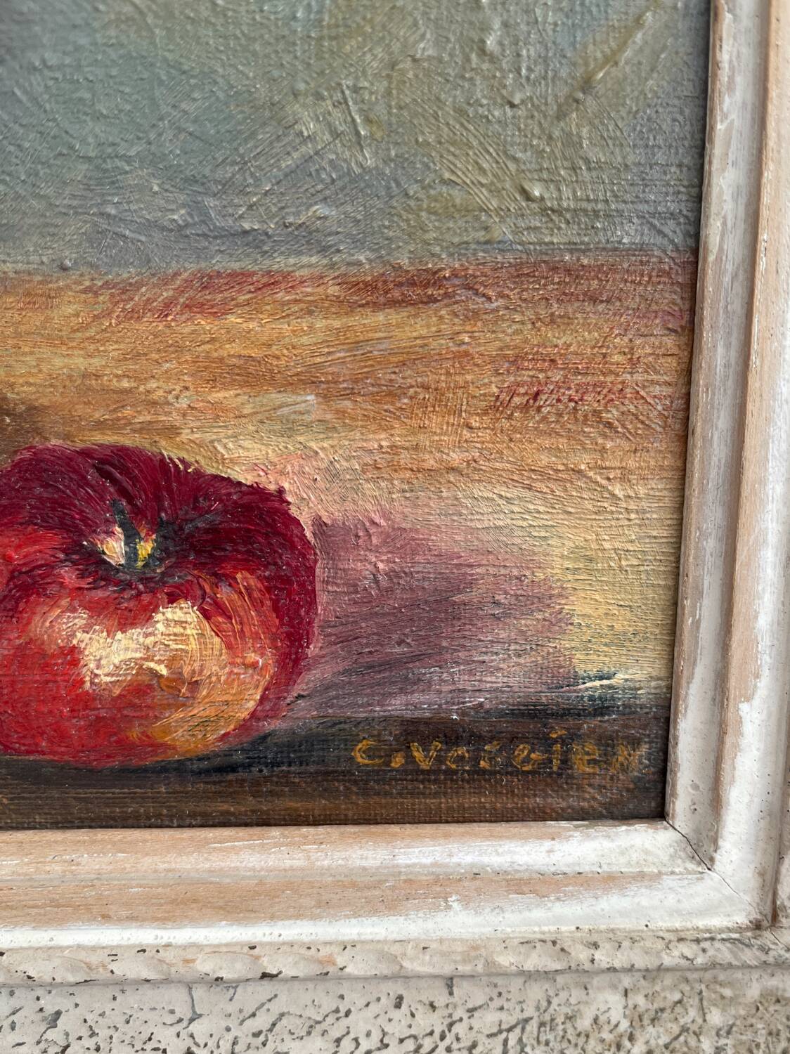 Antique oil painting on canvas with flowers and apples