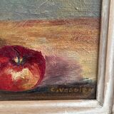 Old oil painting on canvas flowers apples