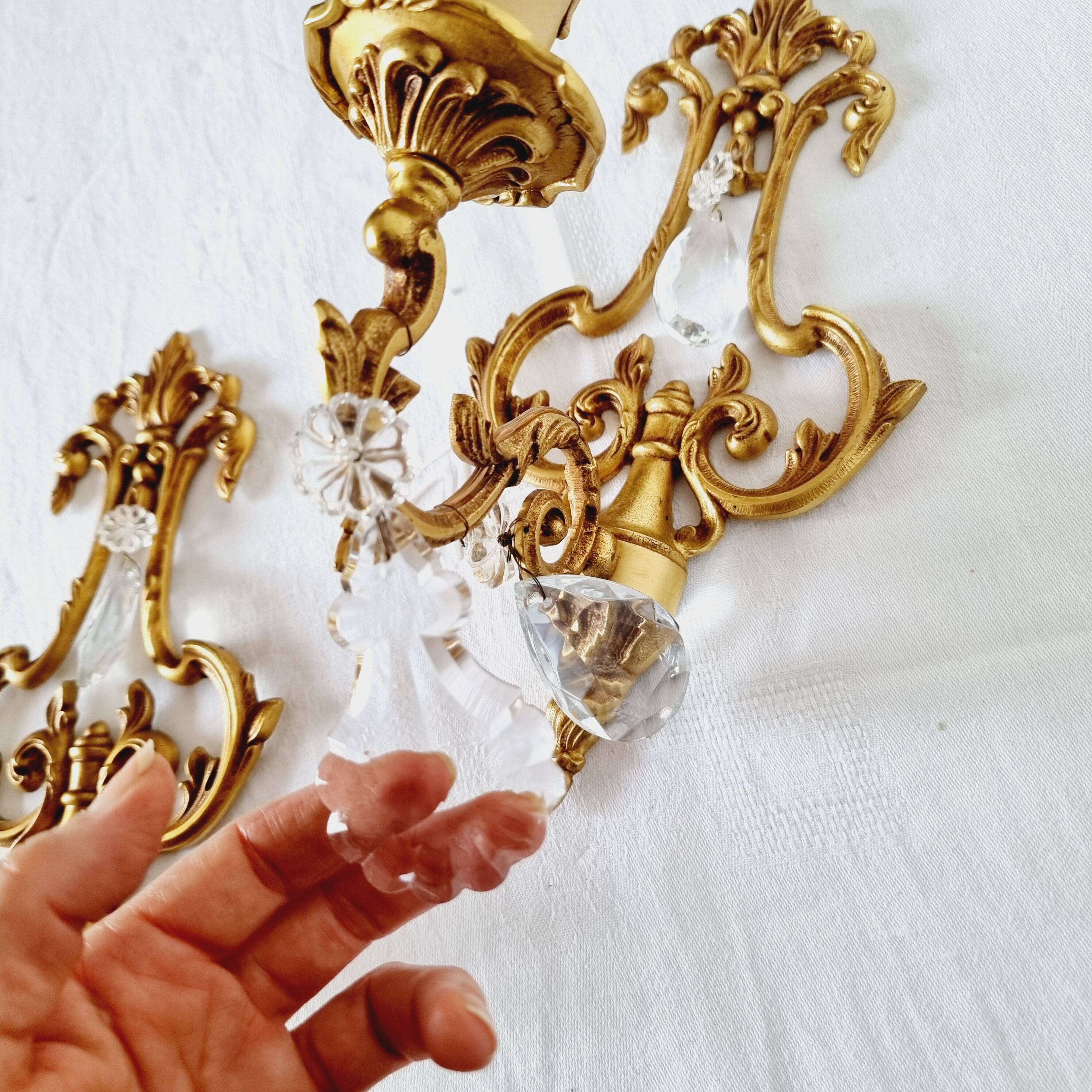 2 antique bronze and rock crystal candles and one light sconces in classic style