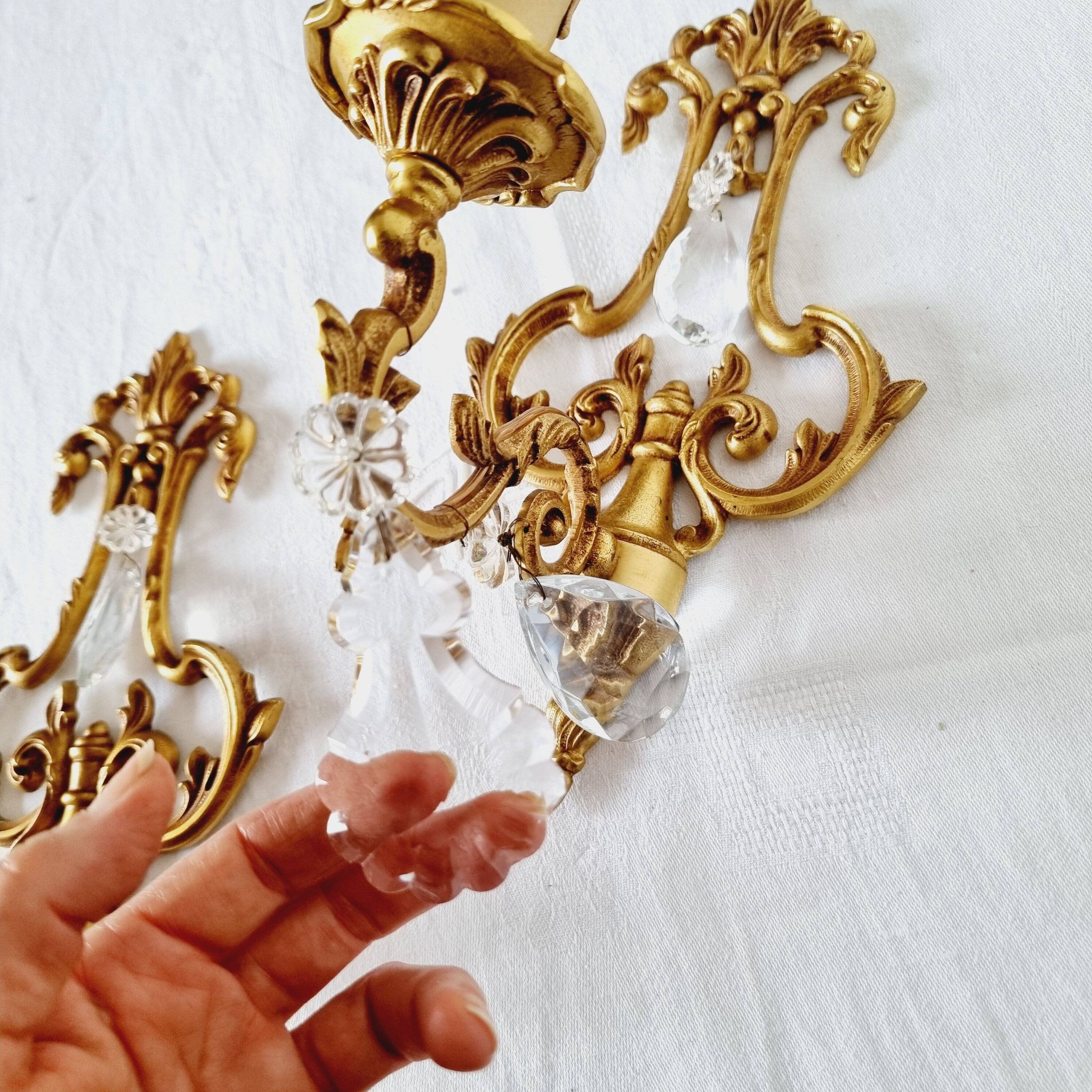 2 antique bronze and rock crystal candles and one light sconces in classic style