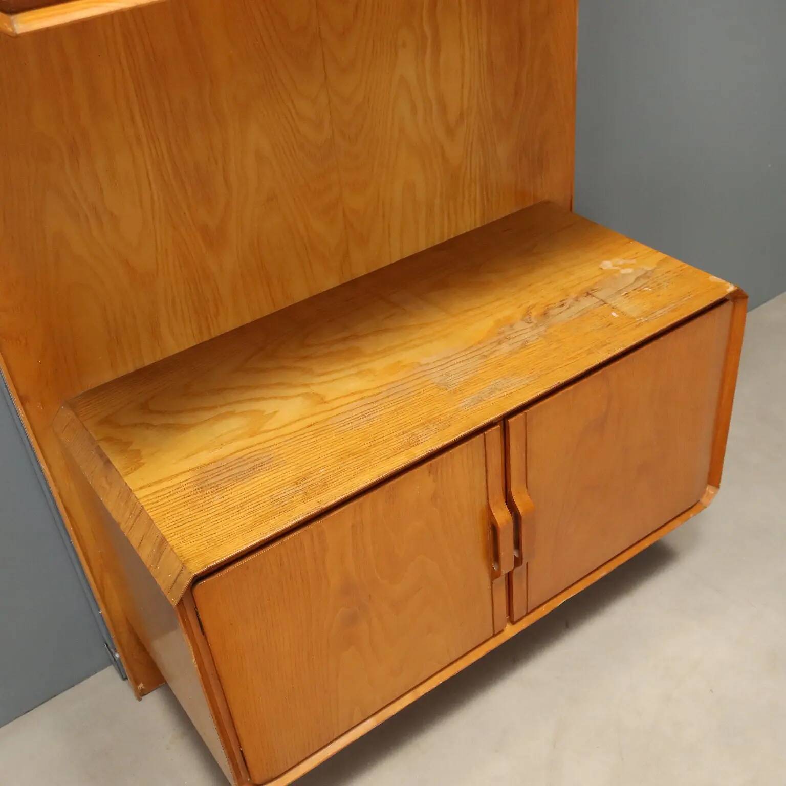 Vintage maple cabinet with drop-down front, Italian design, 1960s.
