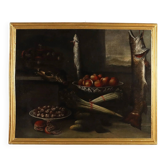 Old painting of still life with fish and snails, oil on canvas from the 1600s.