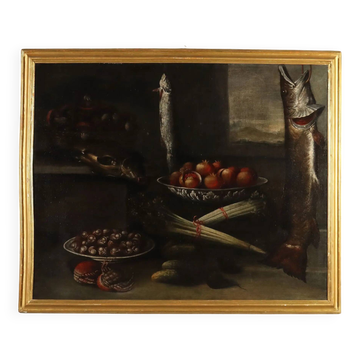 Old painting of still life with fish and snails, oil on canvas from the 1600s.