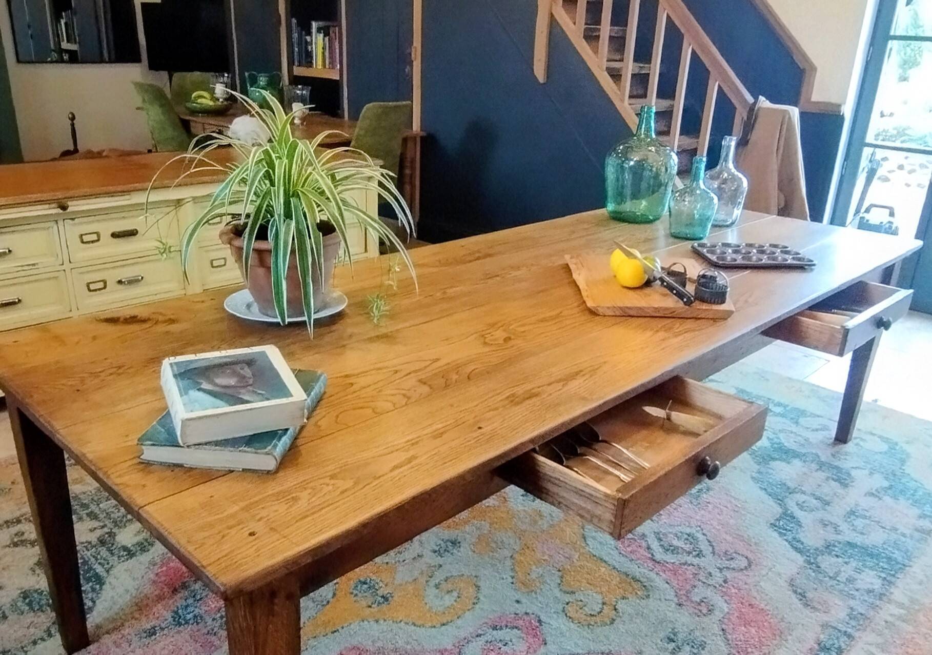XXL solid oak farmhouse table 260x100 patinated two drawers