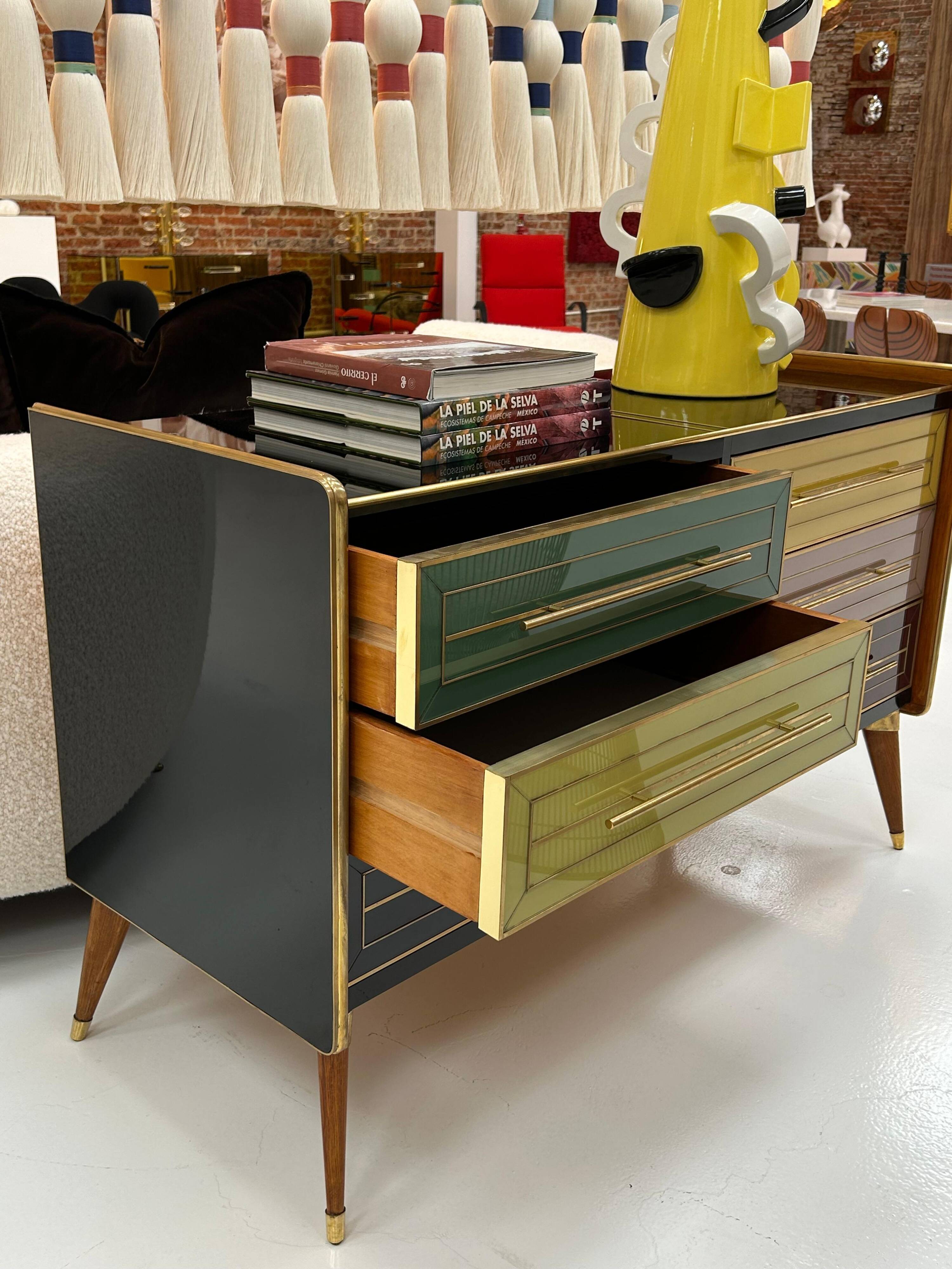 Italain Sideboard Made Of Solid Wood And Covered With Colored Glass 1950S