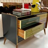 Italain Sideboard Made Of Solid Wood And Covered With Colored Glass 1950S