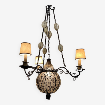 Antique Wrought Iron Murano Glass Light Pendant