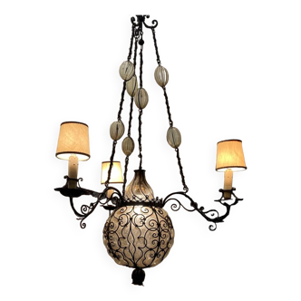 Antique Wrought Iron Murano Glass Light Pendant