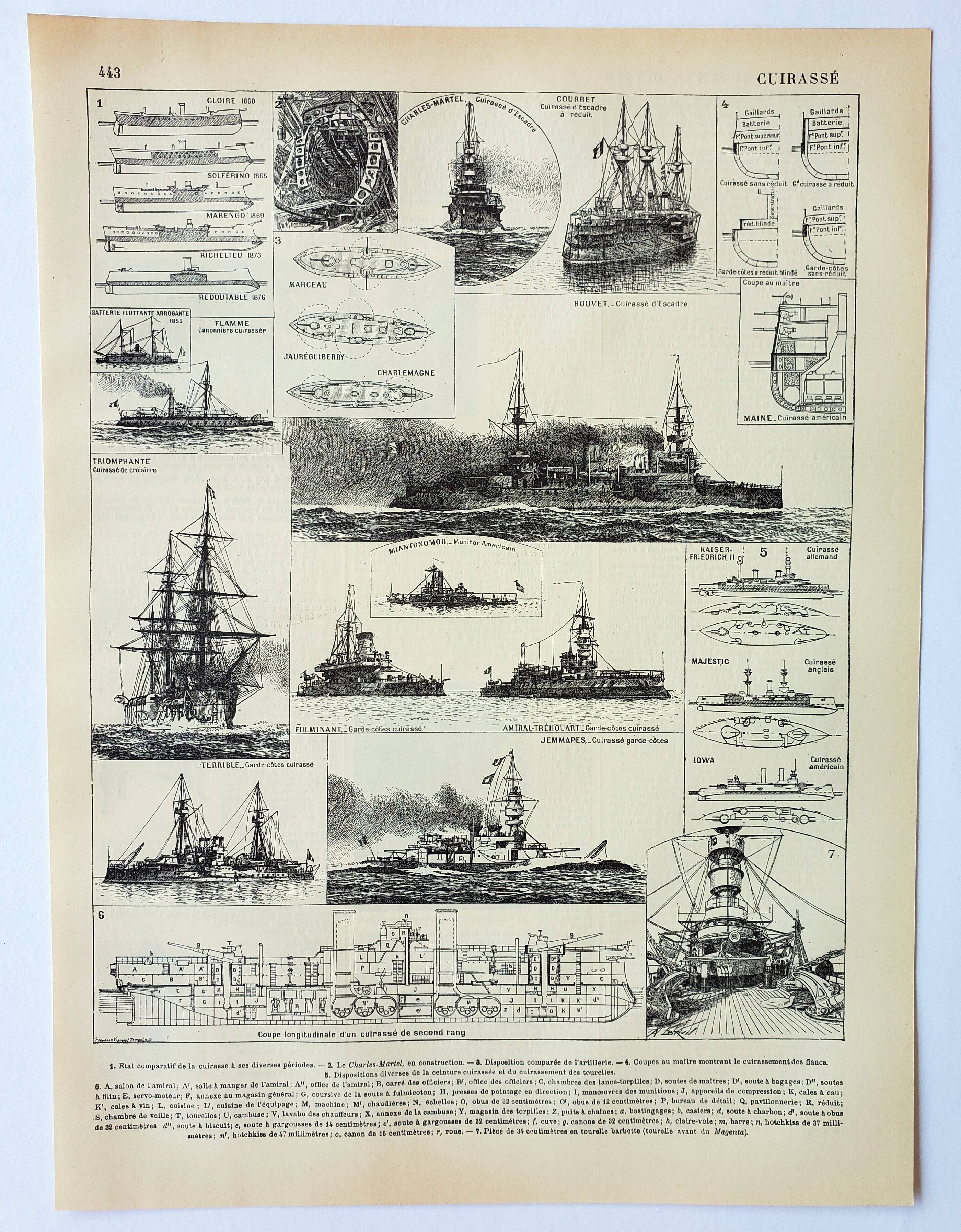 Old engraving 1898, Old battleship, ship, navy • Lithograph, Original plate