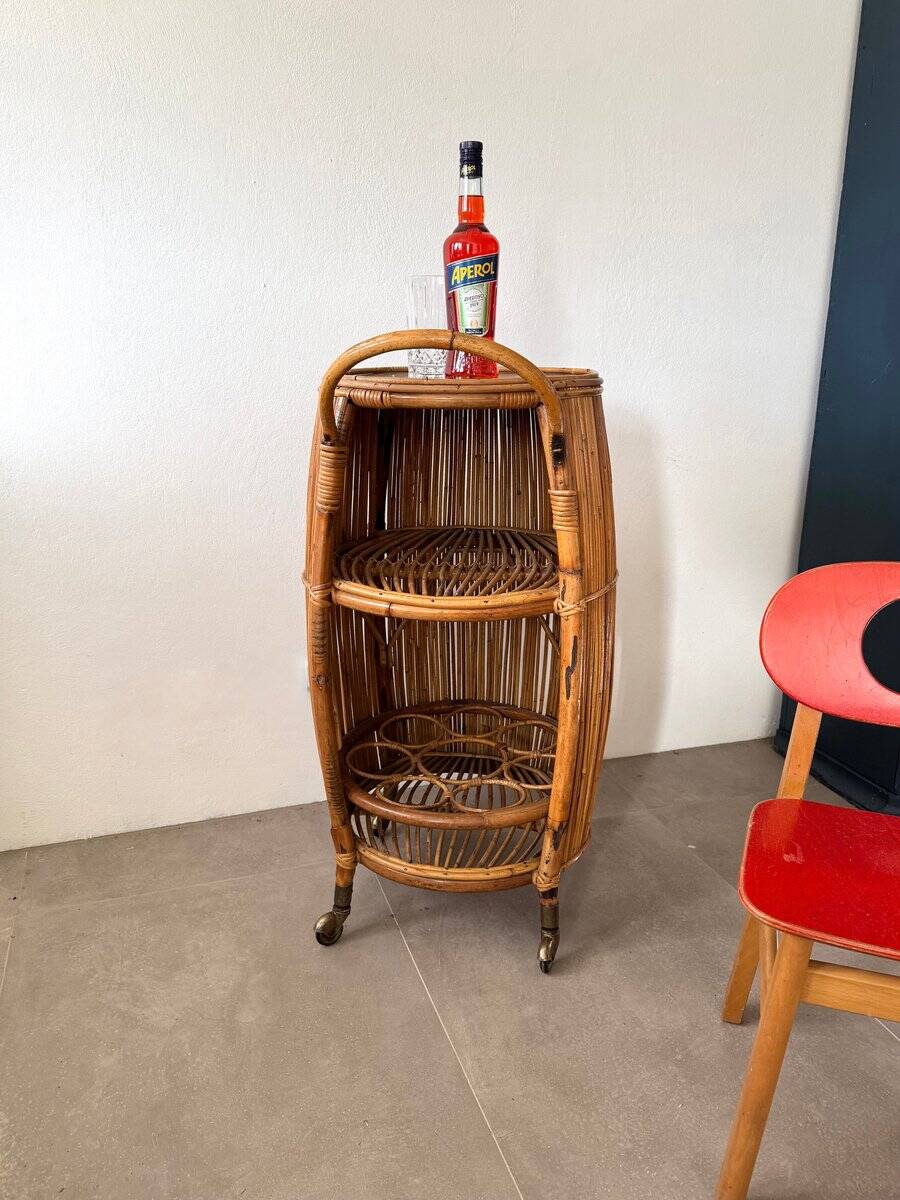Vintage Bar Sports in bamboo and wicker bar cart, 1970s