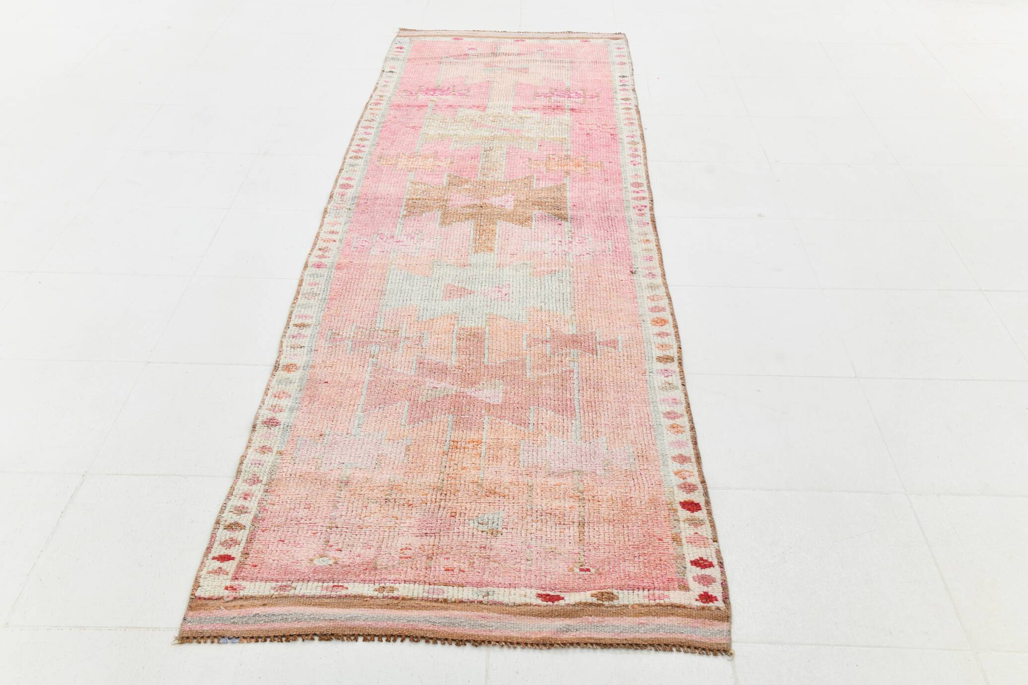 Light Pink & Brown Turkish Vintage Runner Rug, 94x328Cm