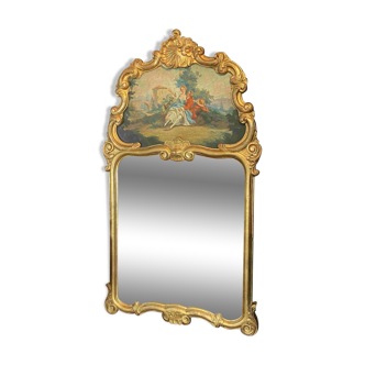Miroir de cheminée trumeau bois doré tableau scène galante style Louis XV
