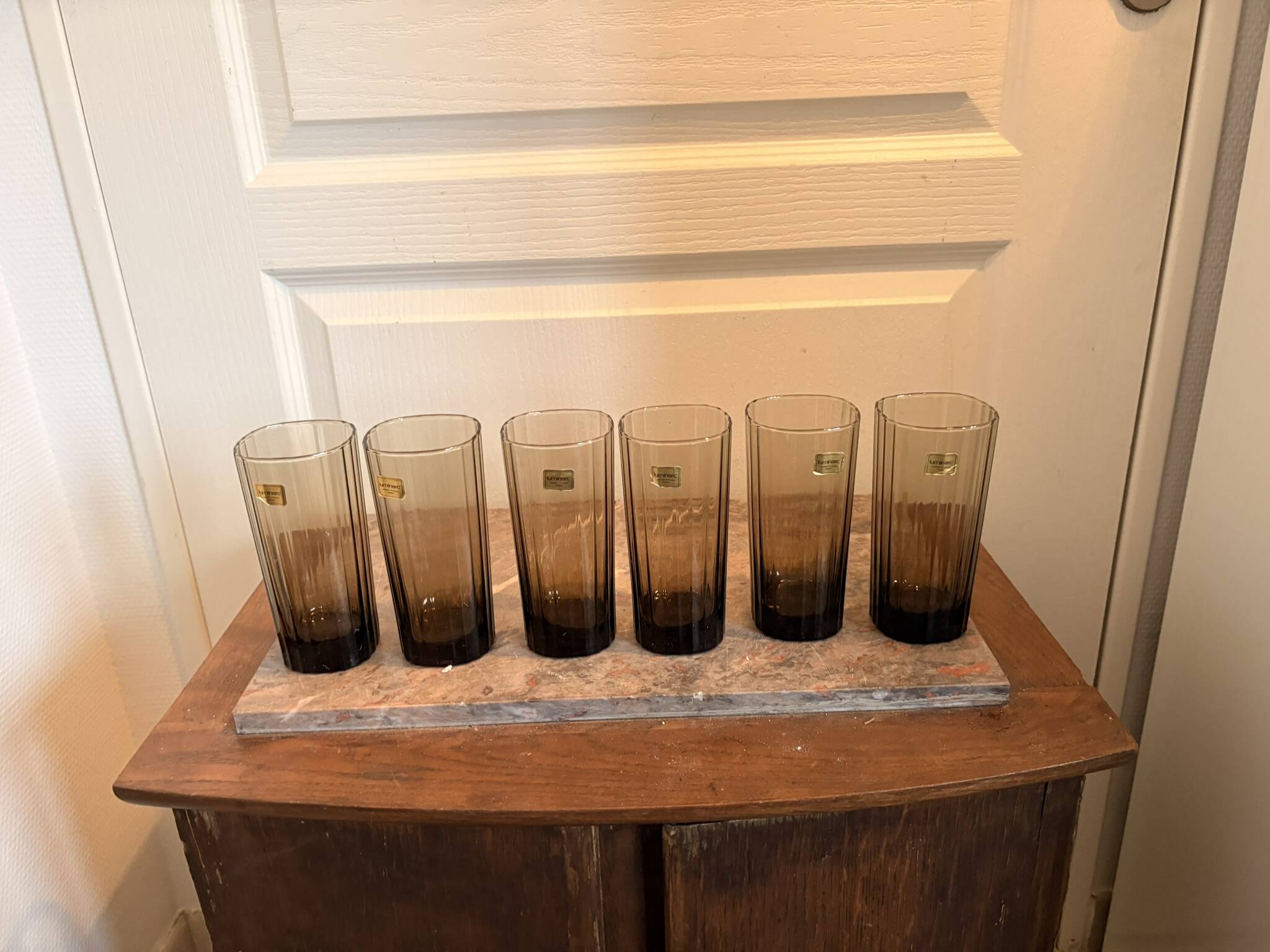 Vintage Lot of 6 Striped Smoky Black Glasses LUMINARC