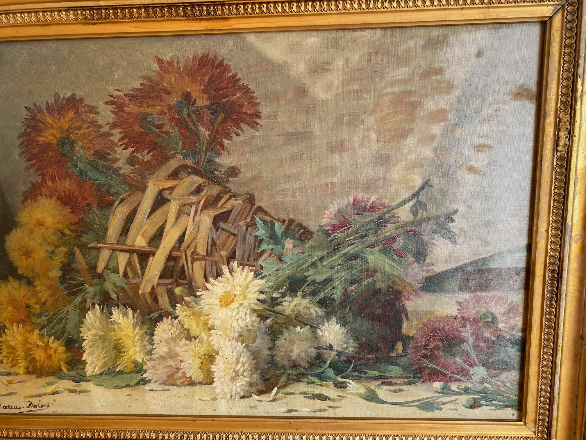STILL LIFE BOUQUET OF DAHLIAS OIL PAINTING SIGNED MARIUS DALON EARLY 20TH CENTURY