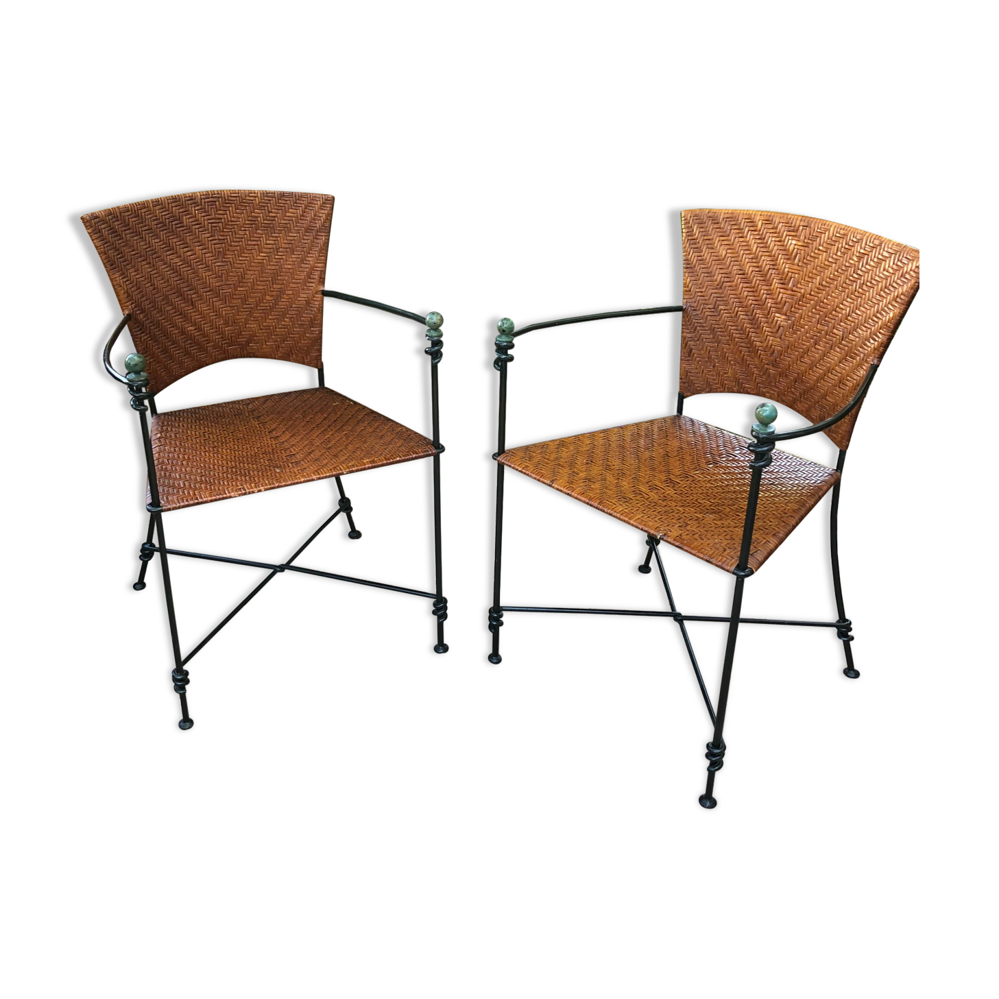 Paire de fauteuils vintage en fer forgé et osier
