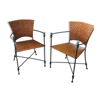Pair of vintage wrought iron and wicker armchairs