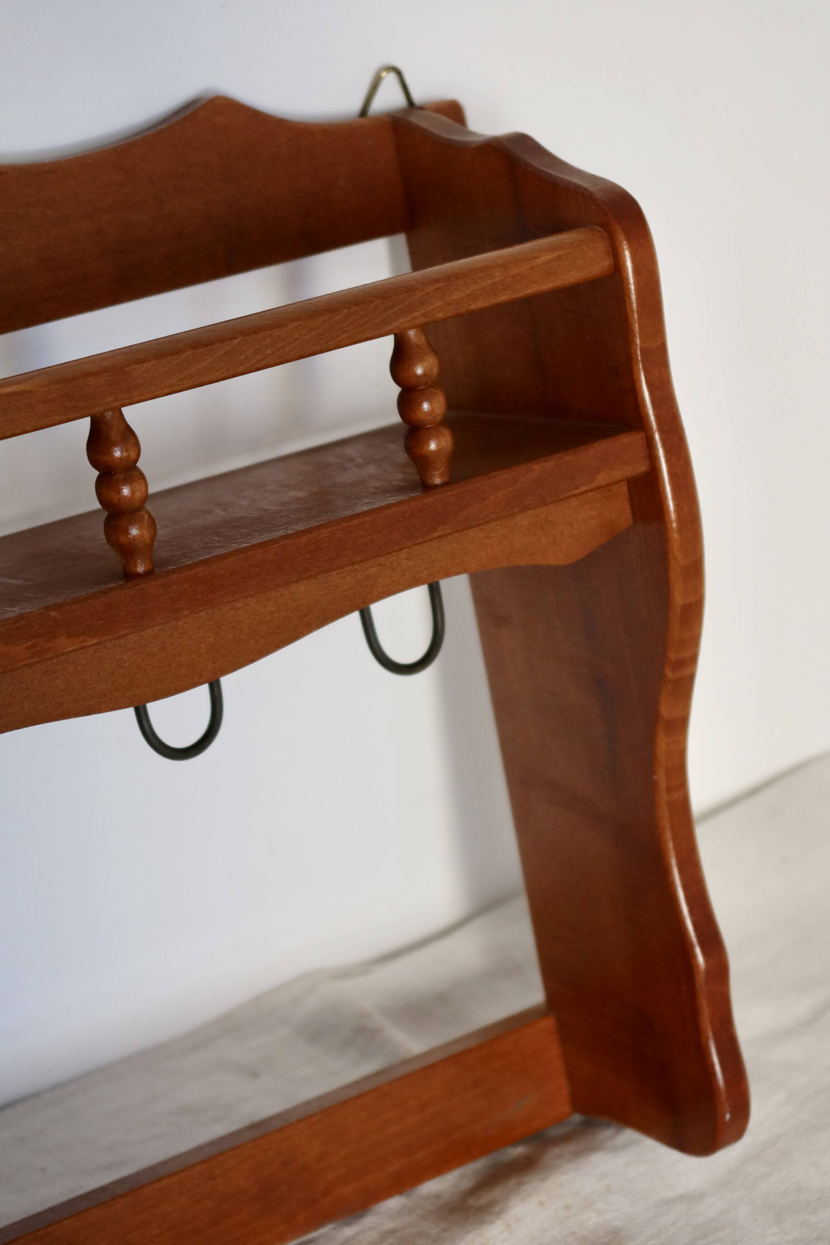 Vintage wooden wall shelf and hooks