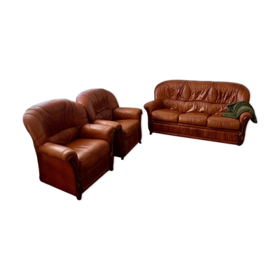 Canapé 3 places + 2 fauteuils club cuir vintage