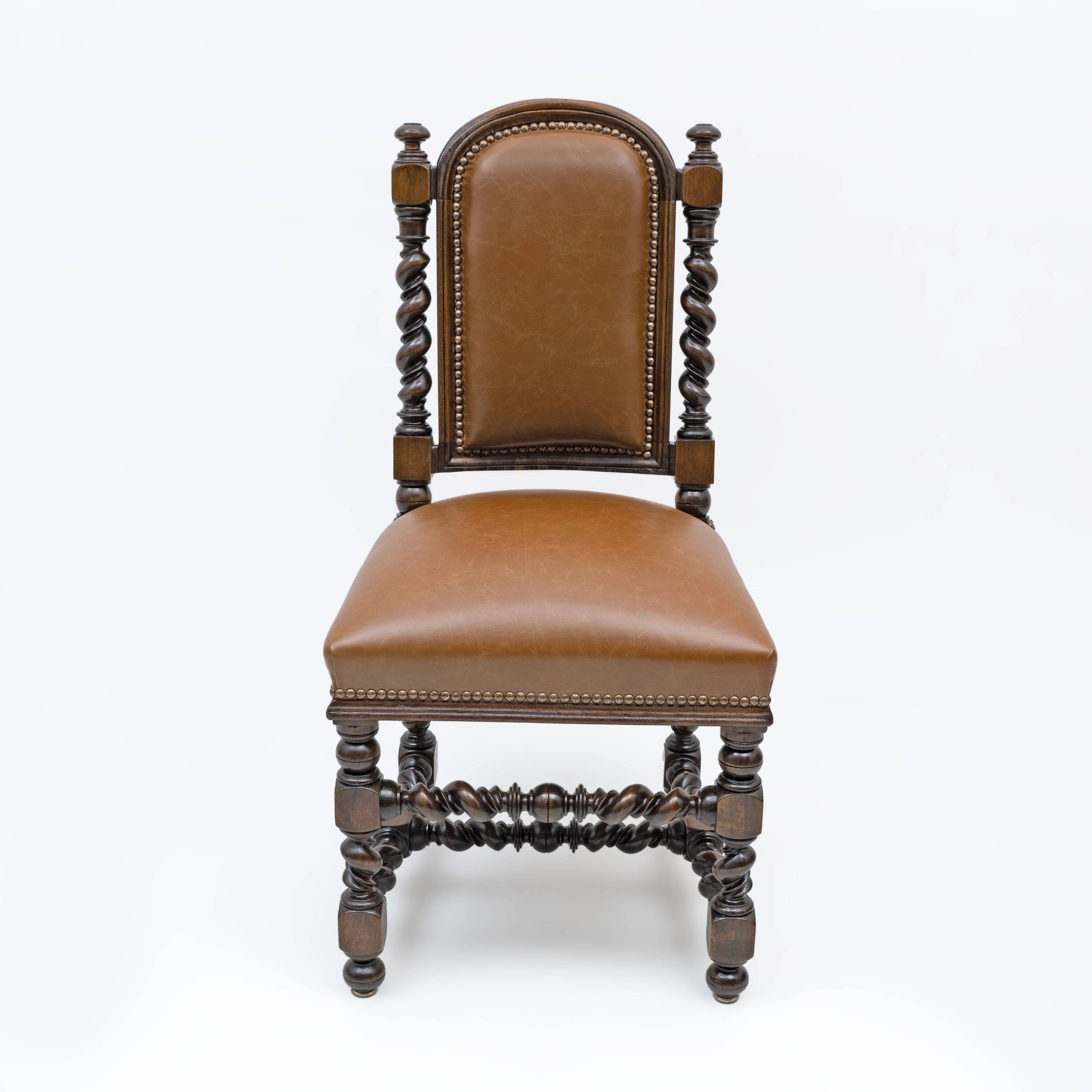 Six Antique Italian Neo-Renaissance Walnut Dining Chairs in Genuine Leather