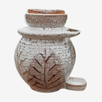 Pot à cornichons avec pince gres vernissé motif feuille, annees 60's
