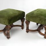 Important Pair of Sculpted Walnut Stools, Louis XIV Style