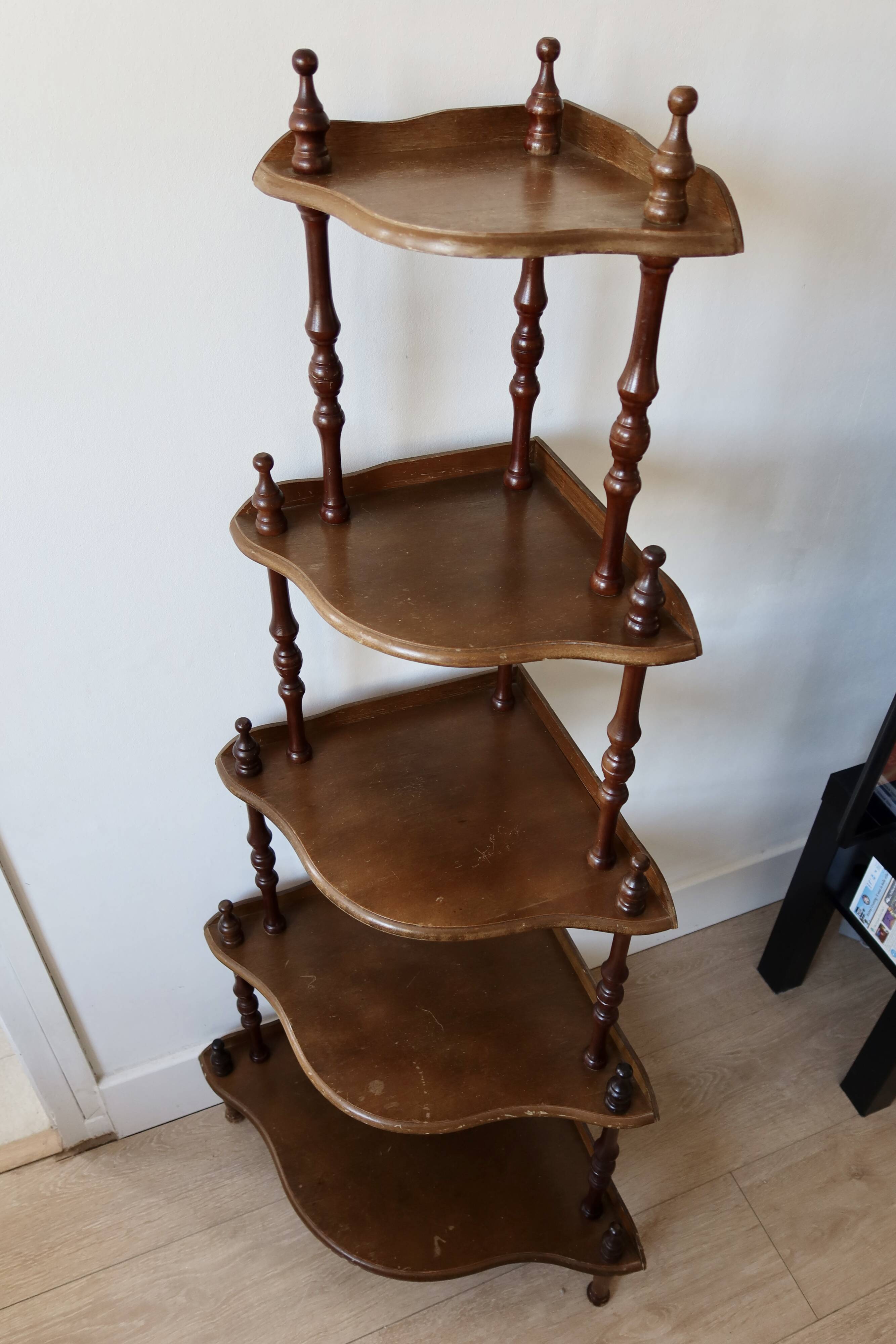 Vintage 5-Tier Corner Shelf on Legs, Turned Wood