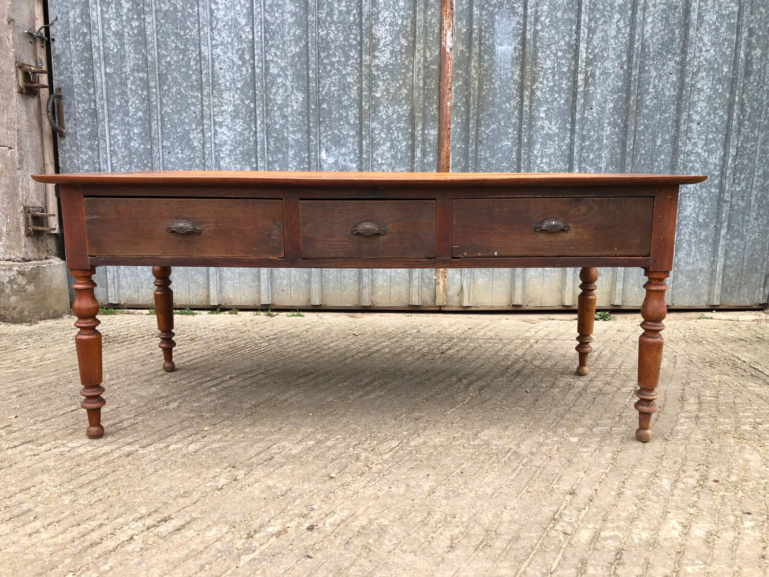 Antique Louis Philippe table in solid cherry and oak with 3 drawers