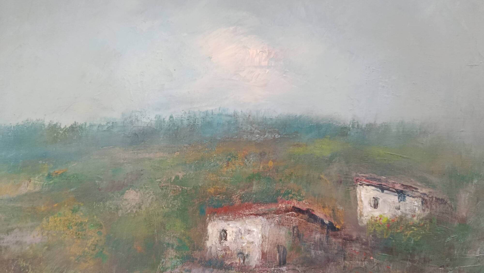 Oil canvas dwellings hill montferrat (piedmont italy) b. marino 1971