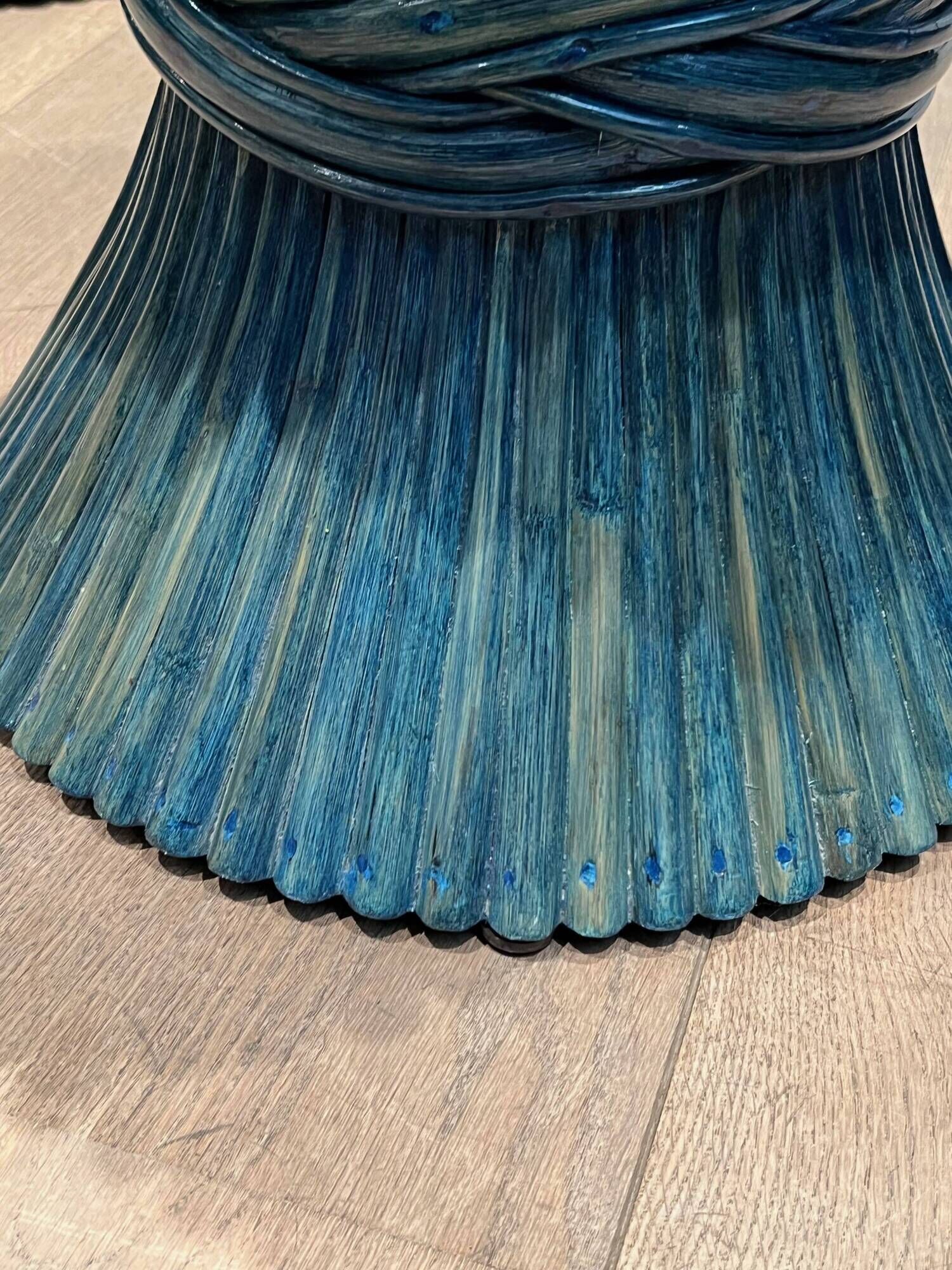 Pair of Bamboo Side Tables in the Shape of a Wheat Sheaf. Turquoise Lacquered.