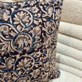 Indian cotton block print cushion with “flower” pattern - indigo blue