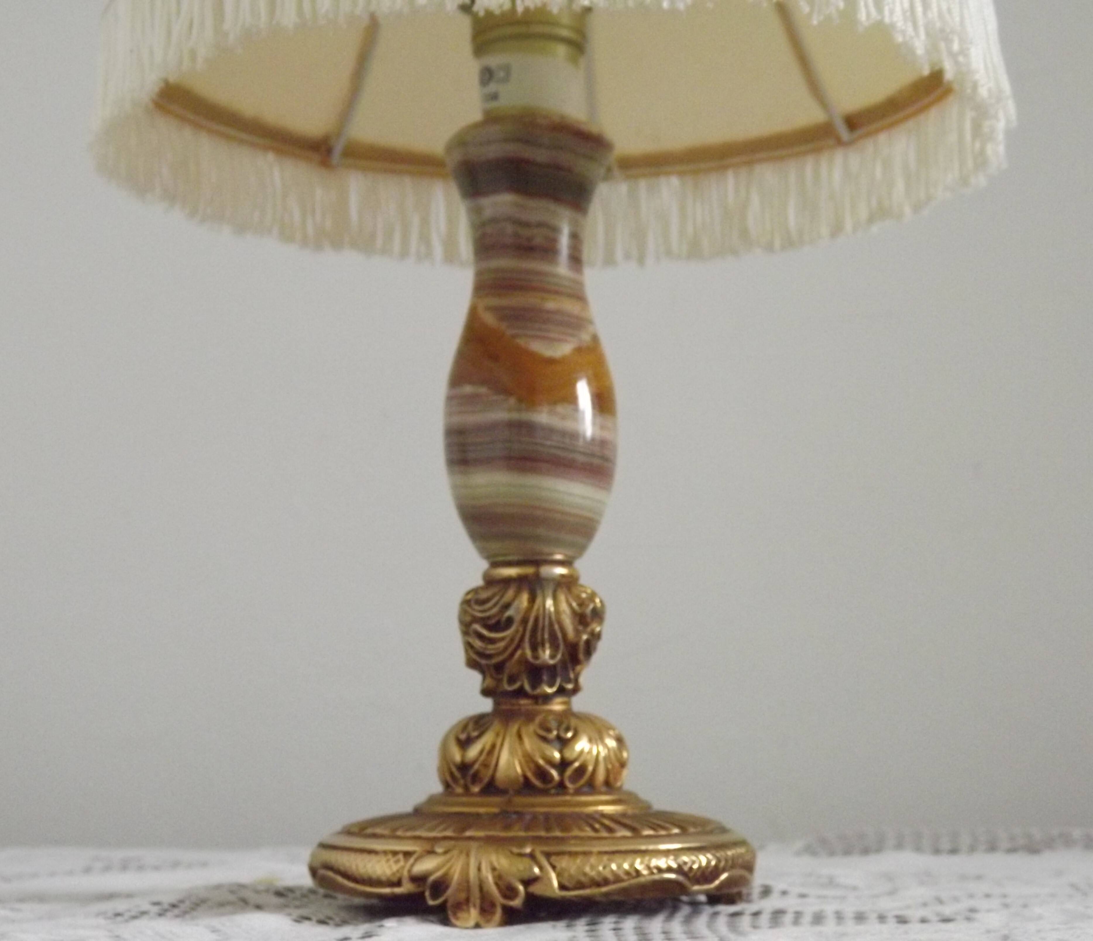 Vintage French Round Brass and Onyx Table Lamp With Cream Fringed Shade