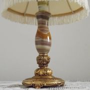 Vintage French Round Brass and Onyx Table Lamp With Cream Fringed Shade