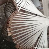Pair of vintage wooden and rattan straw pendant lights.