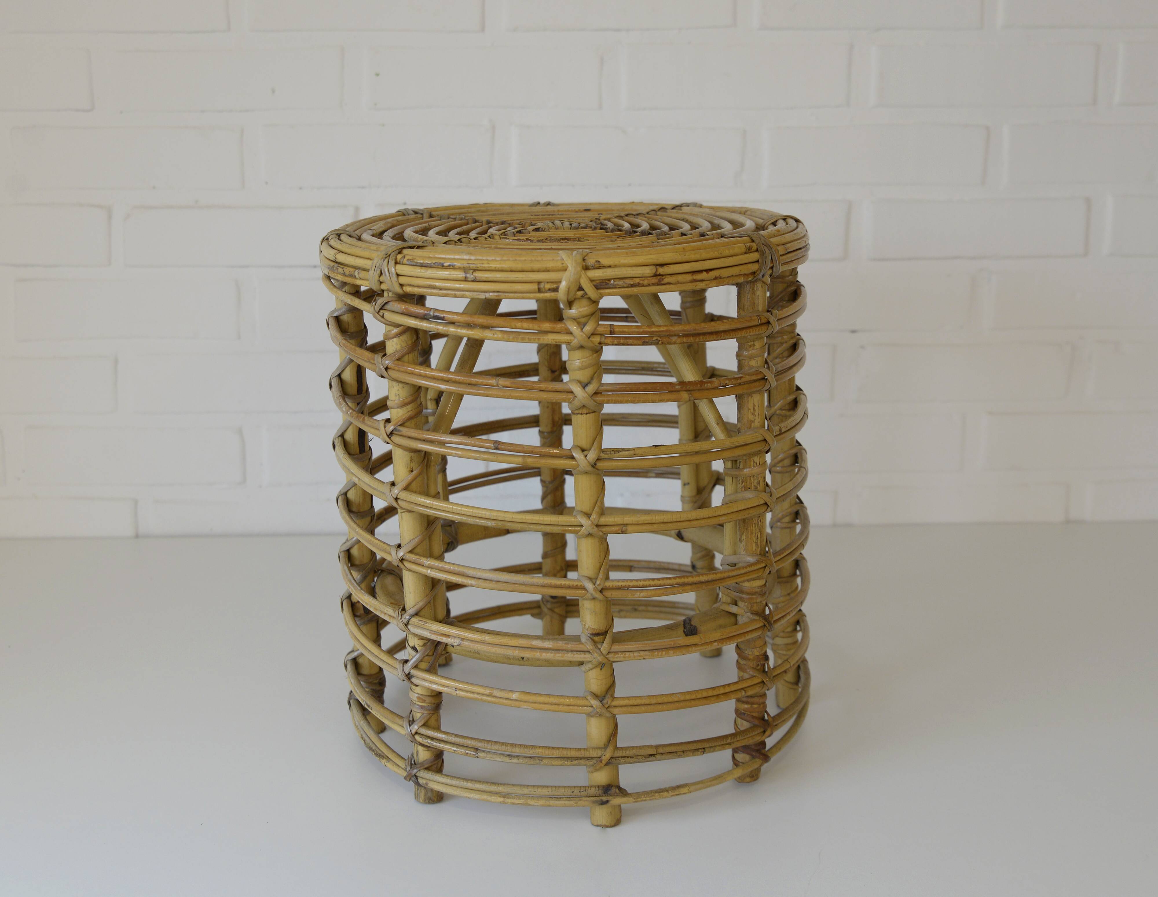Vintage bamboo stool rattan plant stand mid-century wicker side table