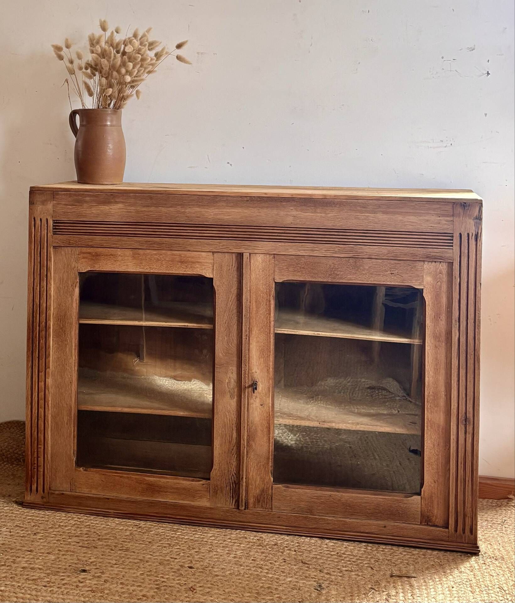 Narrow antique solid wood buffet - glass doors