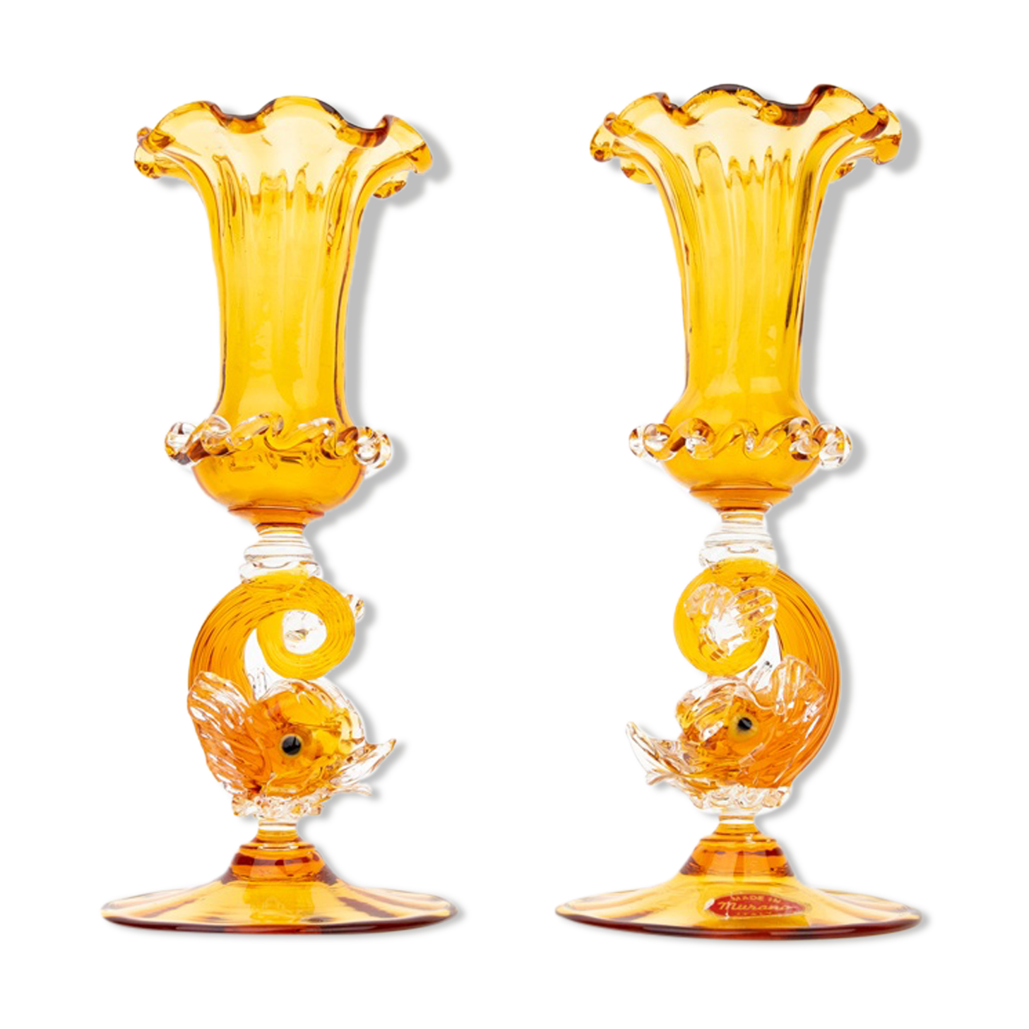 Pair of Hand Blown Salviati Venetian Dolphin Figural Candleholders