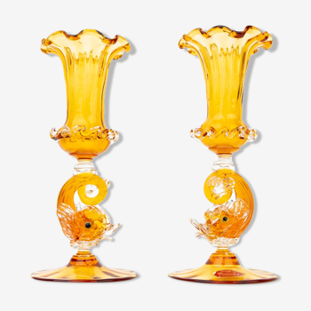 Pair of Hand Blown Salviati Venetian Dolphin Figural Candleholders