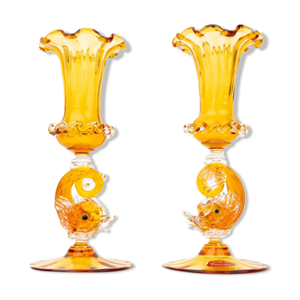 Pair of Hand Blown Salviati Venetian Dolphin Figural Candleholders