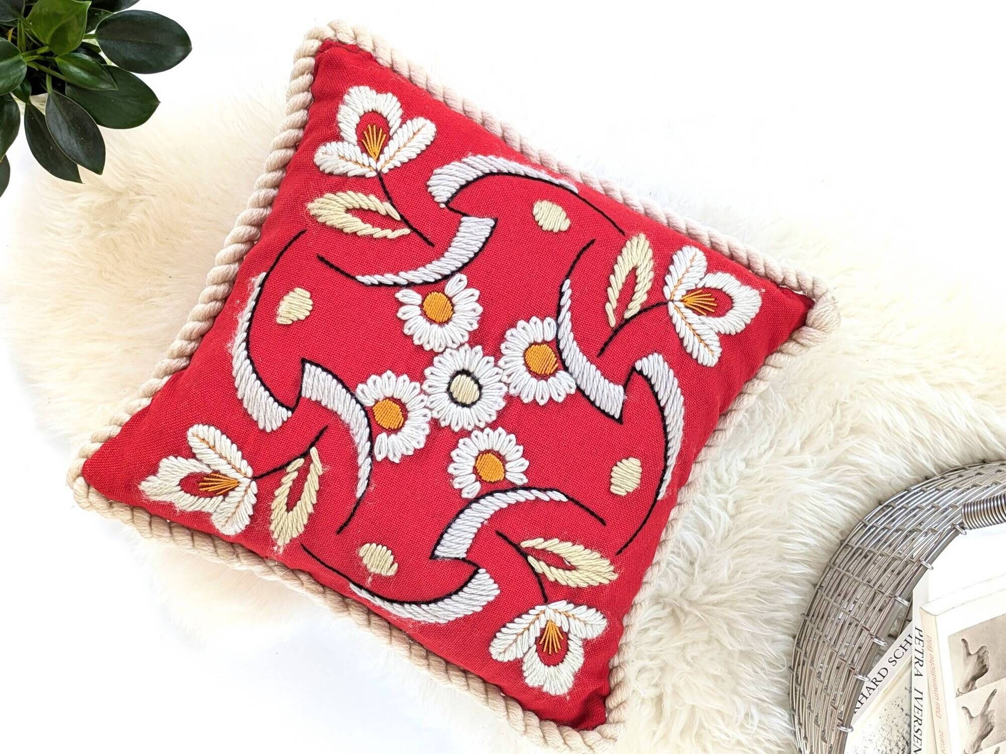 Floral decorative cushion | Wool embroidery | 70s