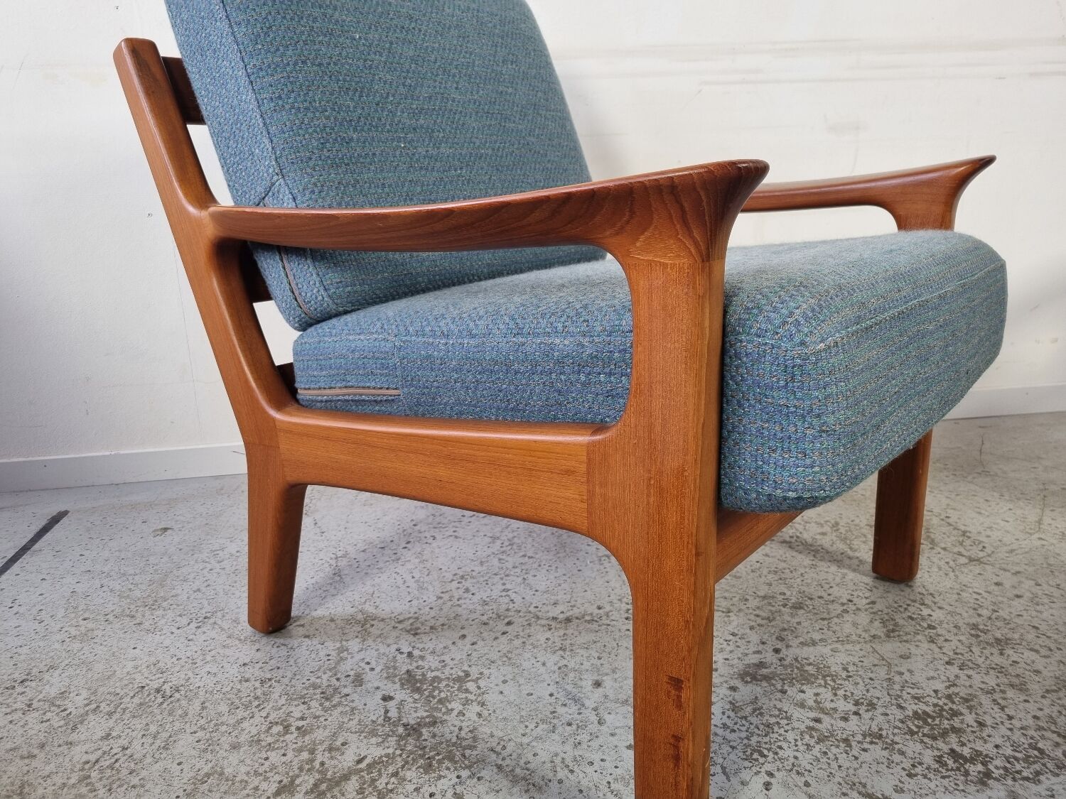 Pair of armchairs and Scandinavian teak ottoman by Juul Kristensen, Denmark 1970s