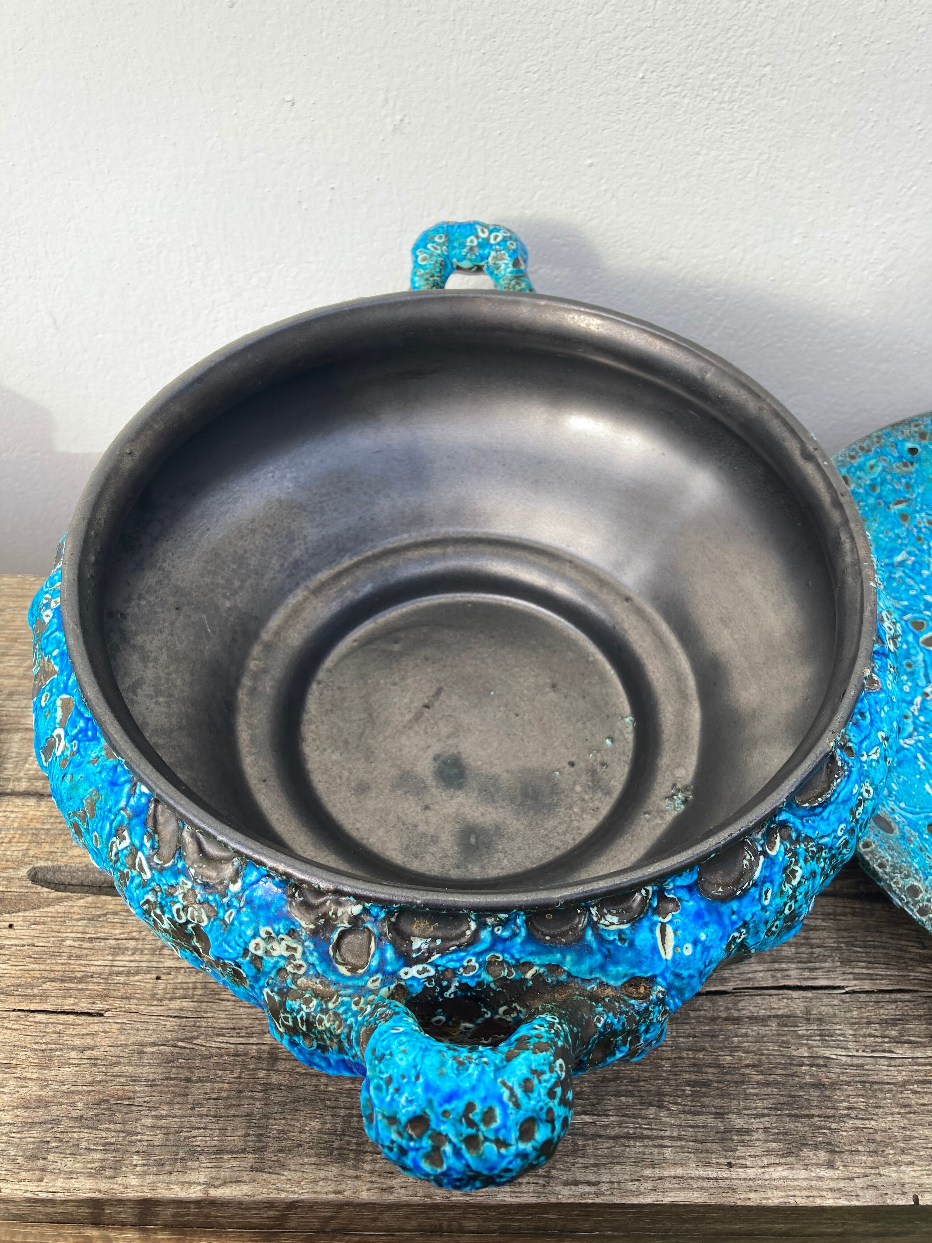 Glacier ennamel tureen vintage turquoise blue 1960 / cyclops varnished earthenware by Charles Cart