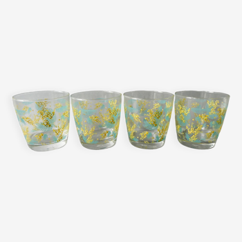 4 verres Geneviève Lethu, décor mimosa