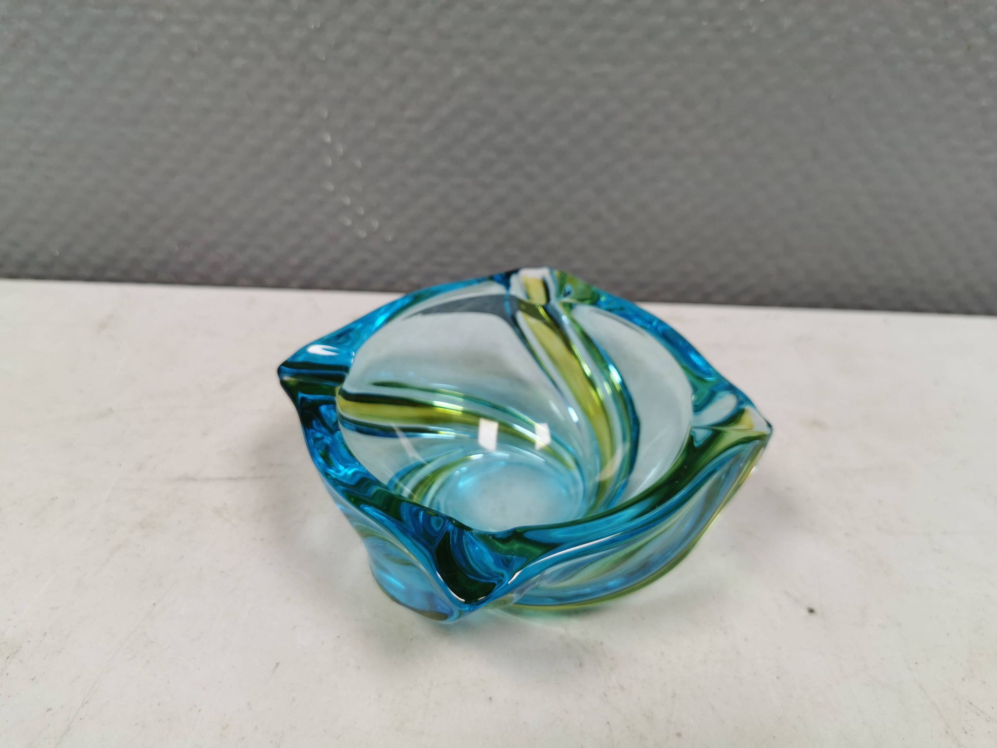 Beautiful ashtray in multicoloured glass. We guess Italy, 1980s.