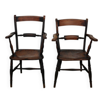 Paire de chaises Oxford anciennes, Windsor, dossier à lattes, fauteuil, orme, XIXe siècle