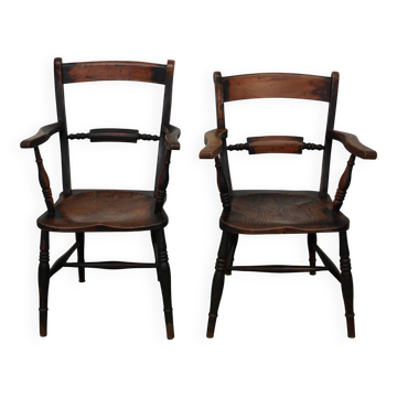Pair of Antique Oxford Chairs, Windsor, Lath Back, Armchair, Elm, 19thc