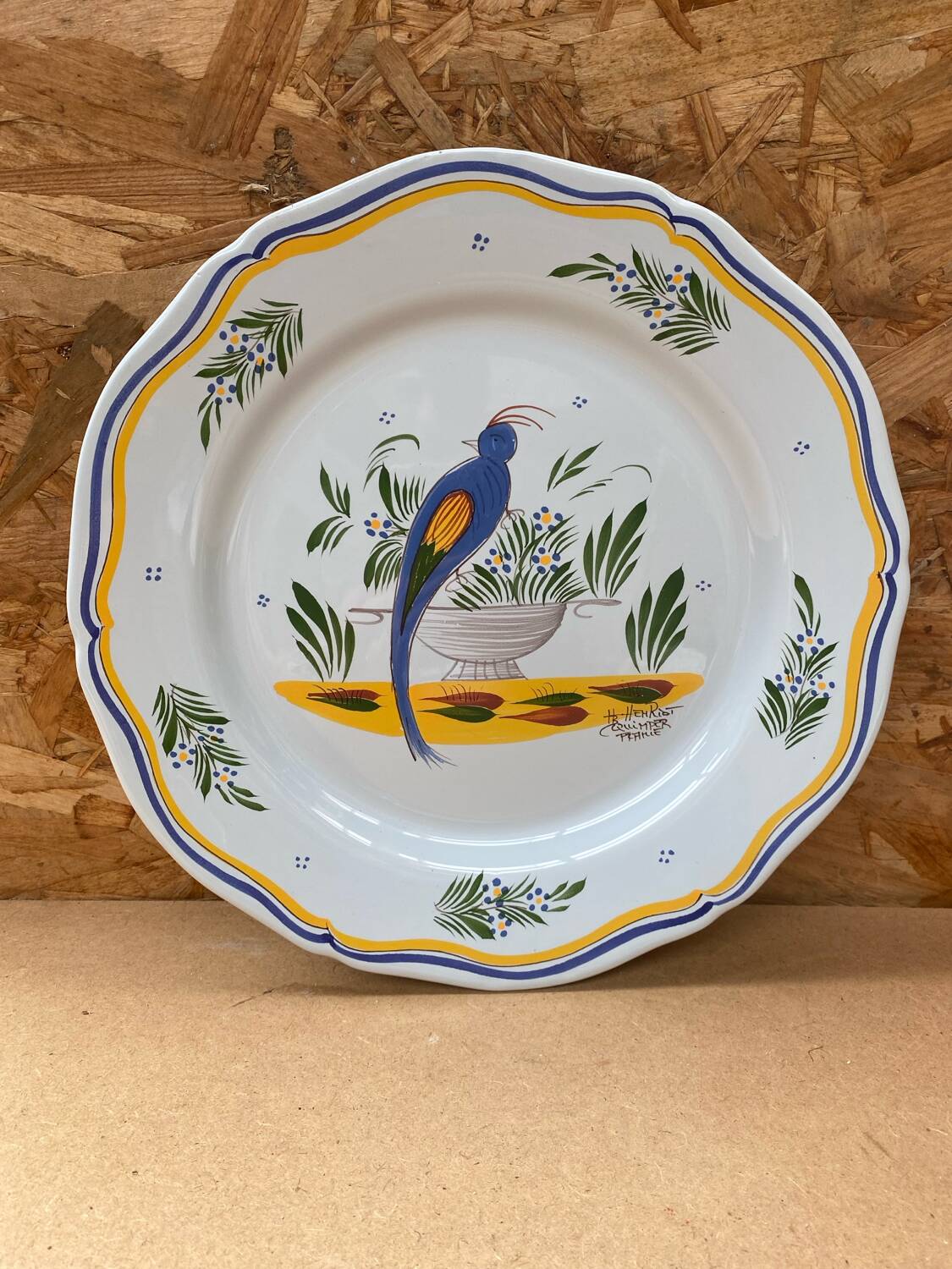 Old quimper henriot ceramic plate vintage bird decor #b190