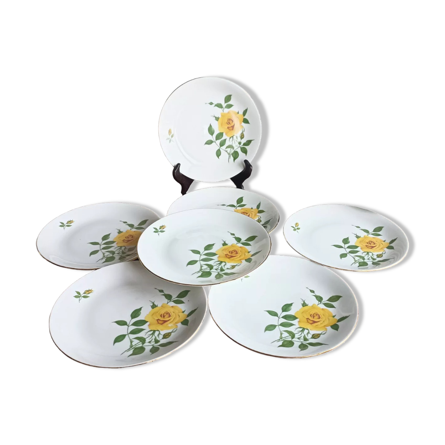 7 EPIAG Dallwitz dessert plates decorated with yellow roses
