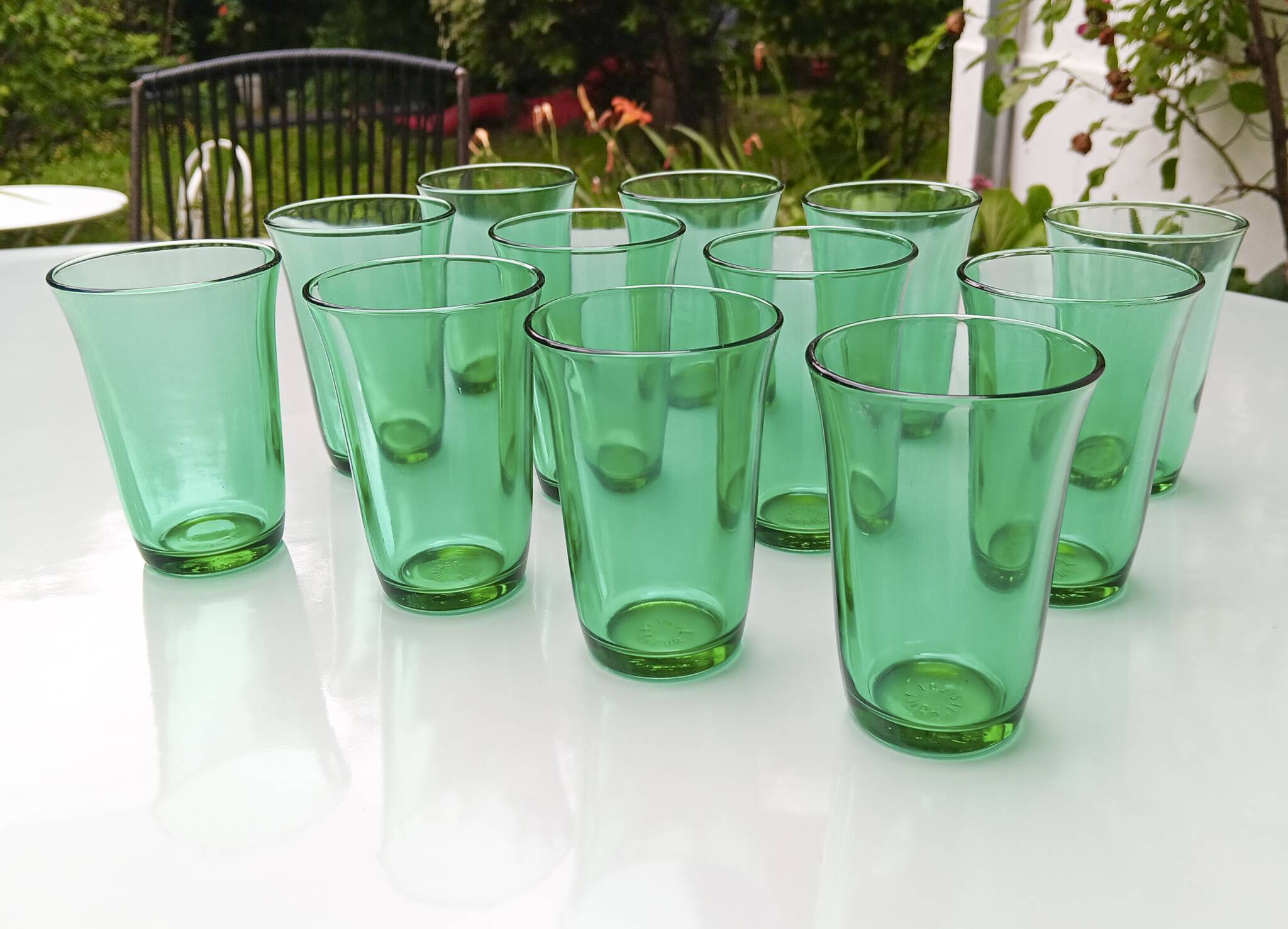 12 vintage Lesieur green glasses.