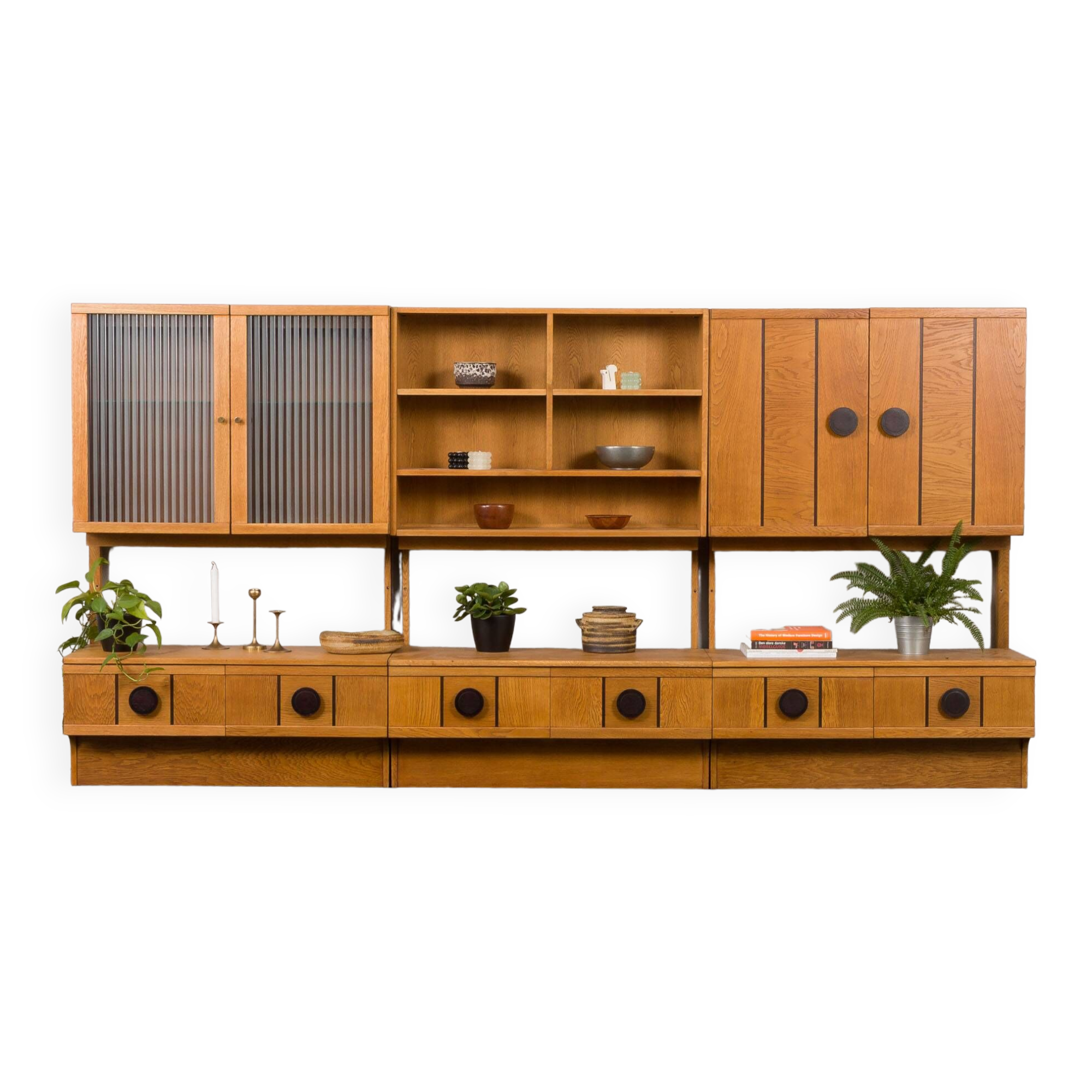 Scandinavian mid century oak wall unit with backlit, Denmark 1970s