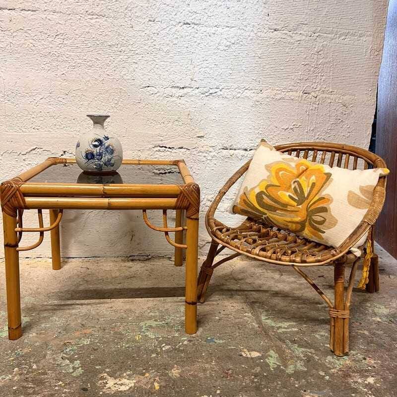 Rattan and glass side table